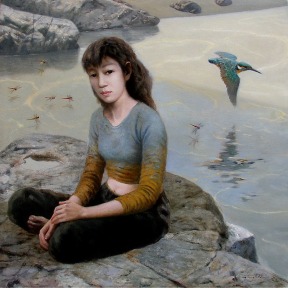 Girl With Kingfisher Bird - Oil on Canvas 40 x 40